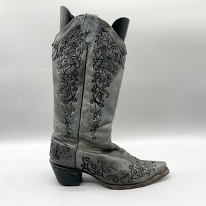 Corral Womens  M Distressed Grey Black Floral Snip Toe Boots Western Cowgirl